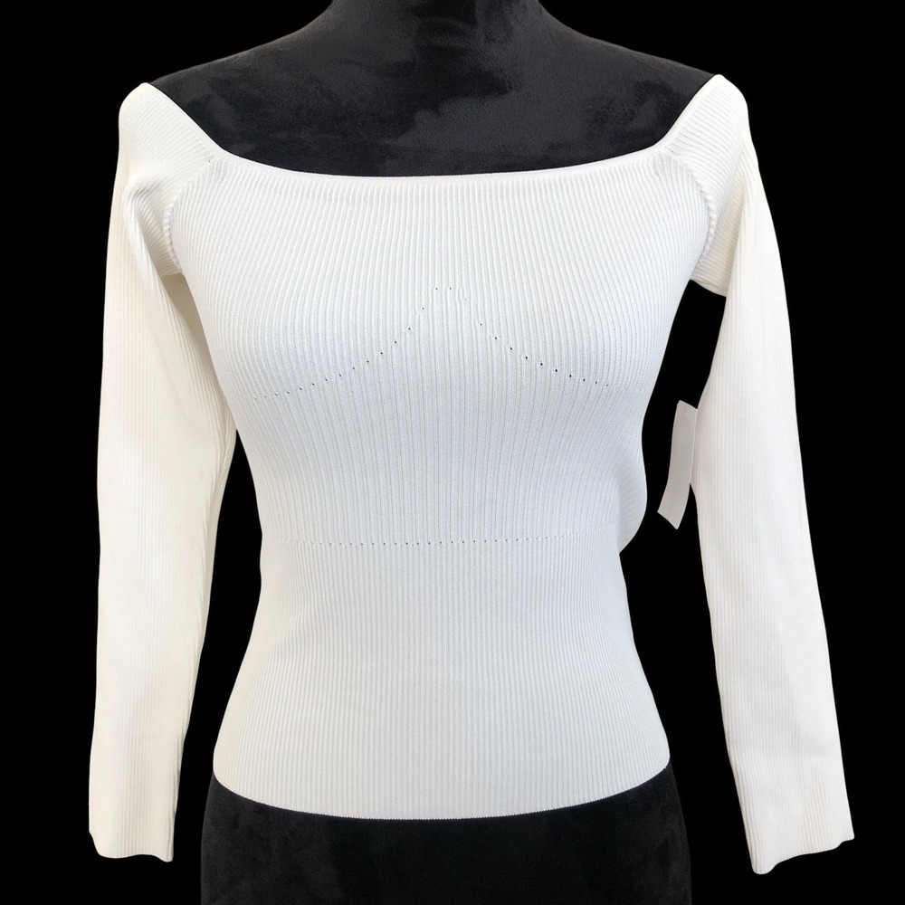 Good American Women Cream Stretch Ribbed‎ Knit Off-the-Shoulder NWT Top 3 (L)